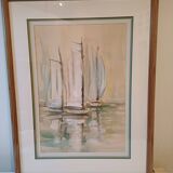 Marine Watercolor with 3 Boats