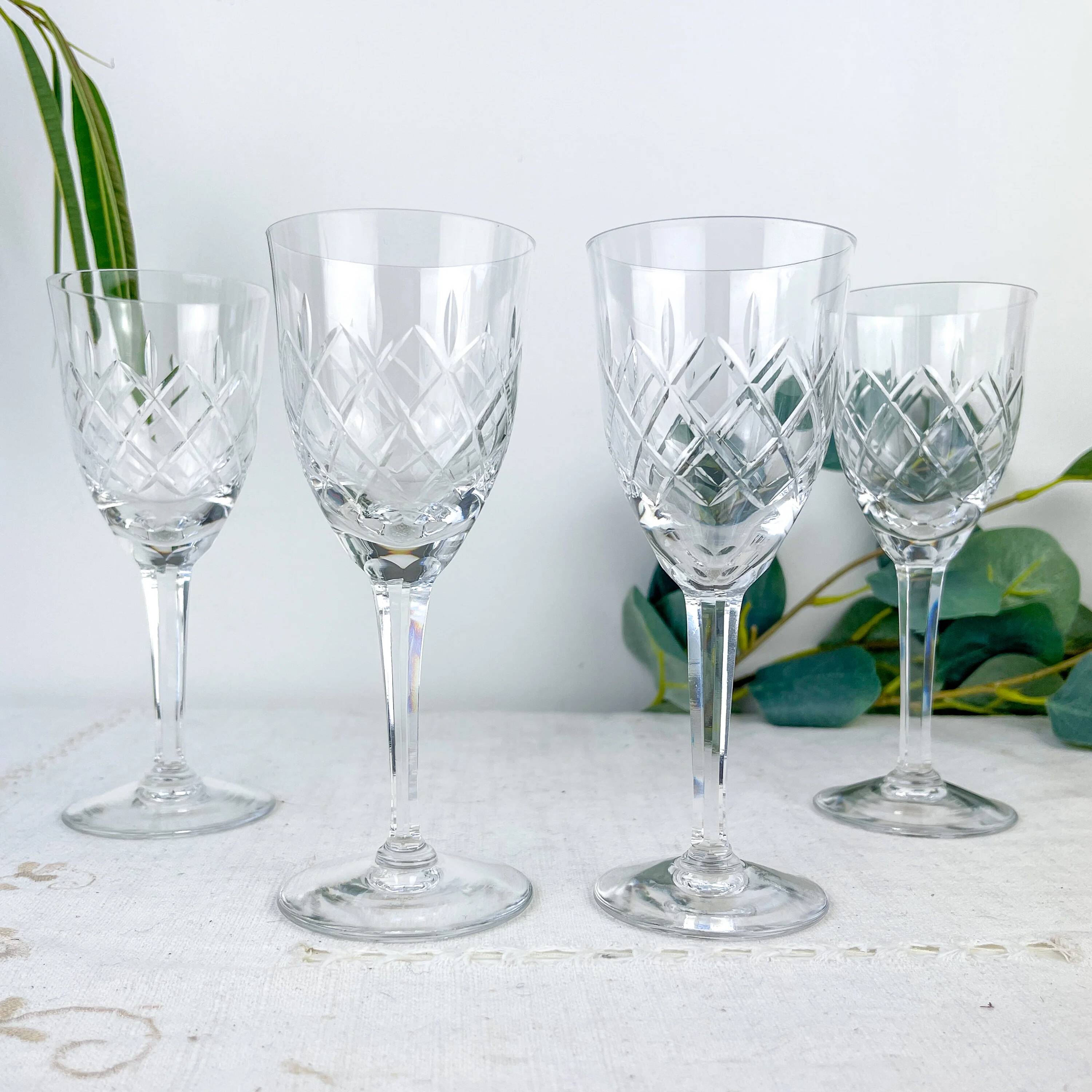 4 vintage cut crystal water glasses – Lorraine Lemberg Glassworks with original label (1950s–1970s)