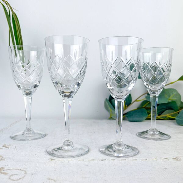 4 verres à eau en cristal taillé, cristallerie de Lorraine Lemberg, années 1950–1970