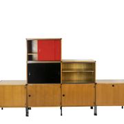 Oak and metal bookcase  design ARP (Motte Guariche Mortier), edition Minvielle 1960