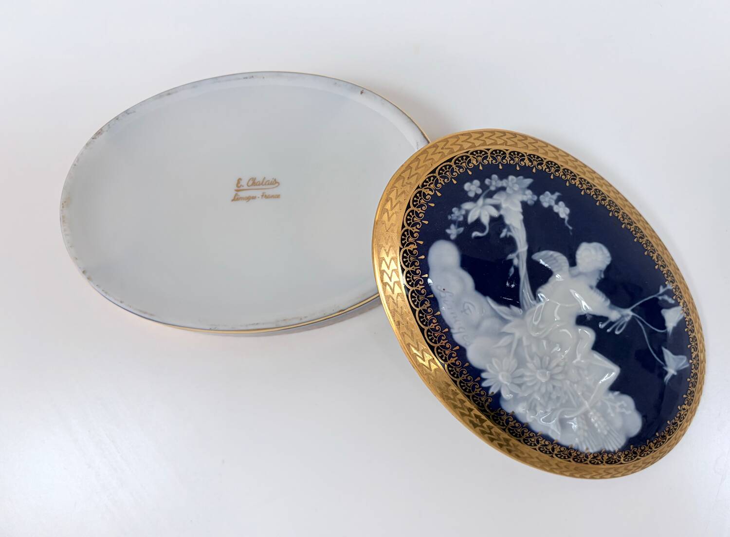 Limoges porcelain bonbonnière signed E. Chalais, 1950