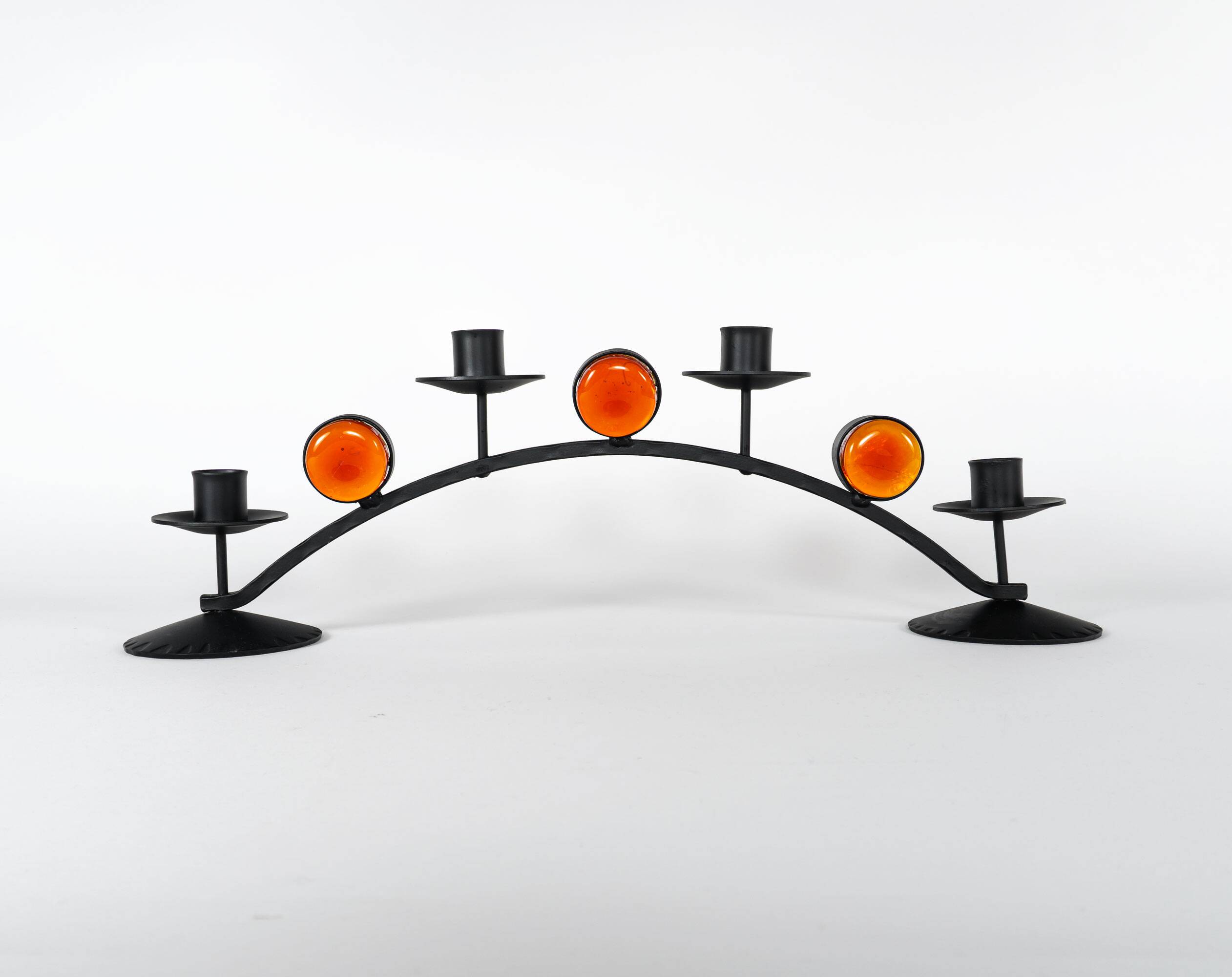 1970s Swedish Wrought Iron Candlestick with Orange Lindshammar Glass