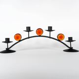 1970s Swedish Wrought Iron Candlestick with Orange Lindshammar Glass