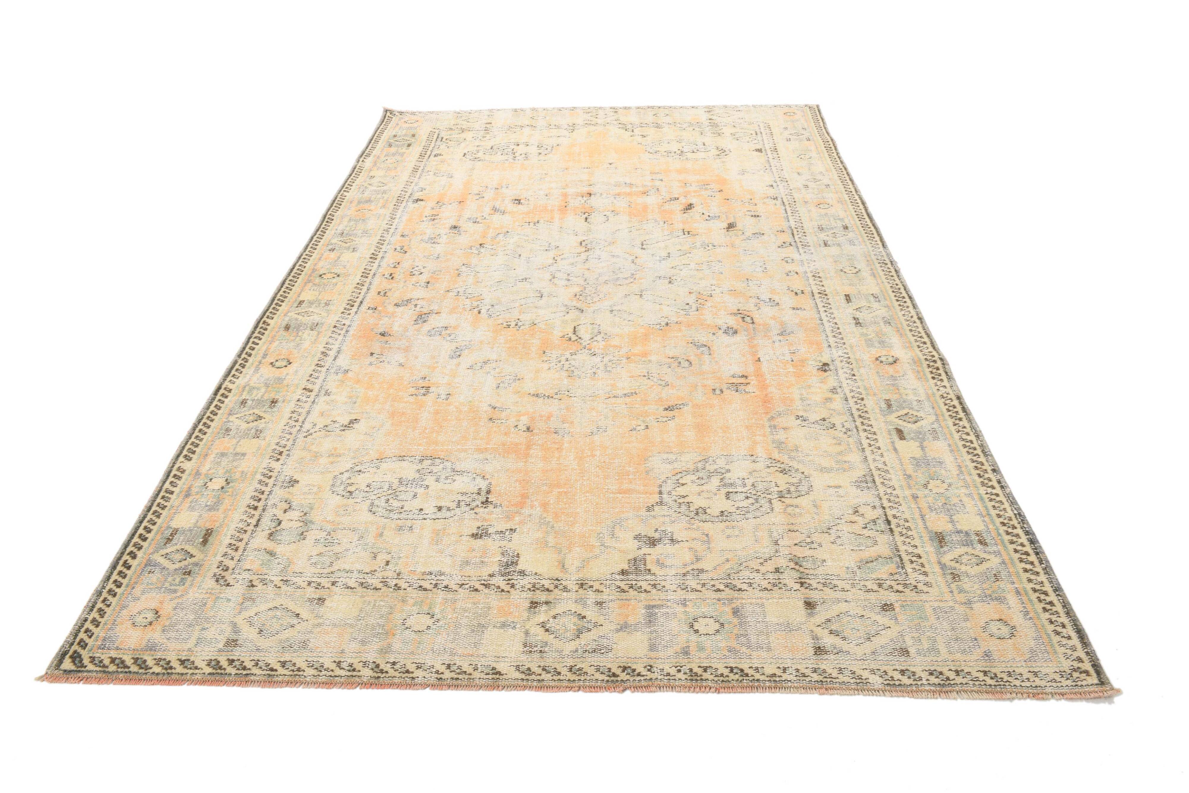 6x9 Peach Orange & Cream Geometric Vintage Rug, 179x288Cm