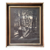 Old engraving "The Beguinage of Bruges", F. Brisé, 1953, signed work