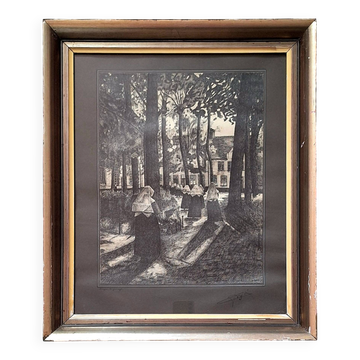 Old engraving "The Beguinage of Bruges", F. Brisé, 1953, signed work