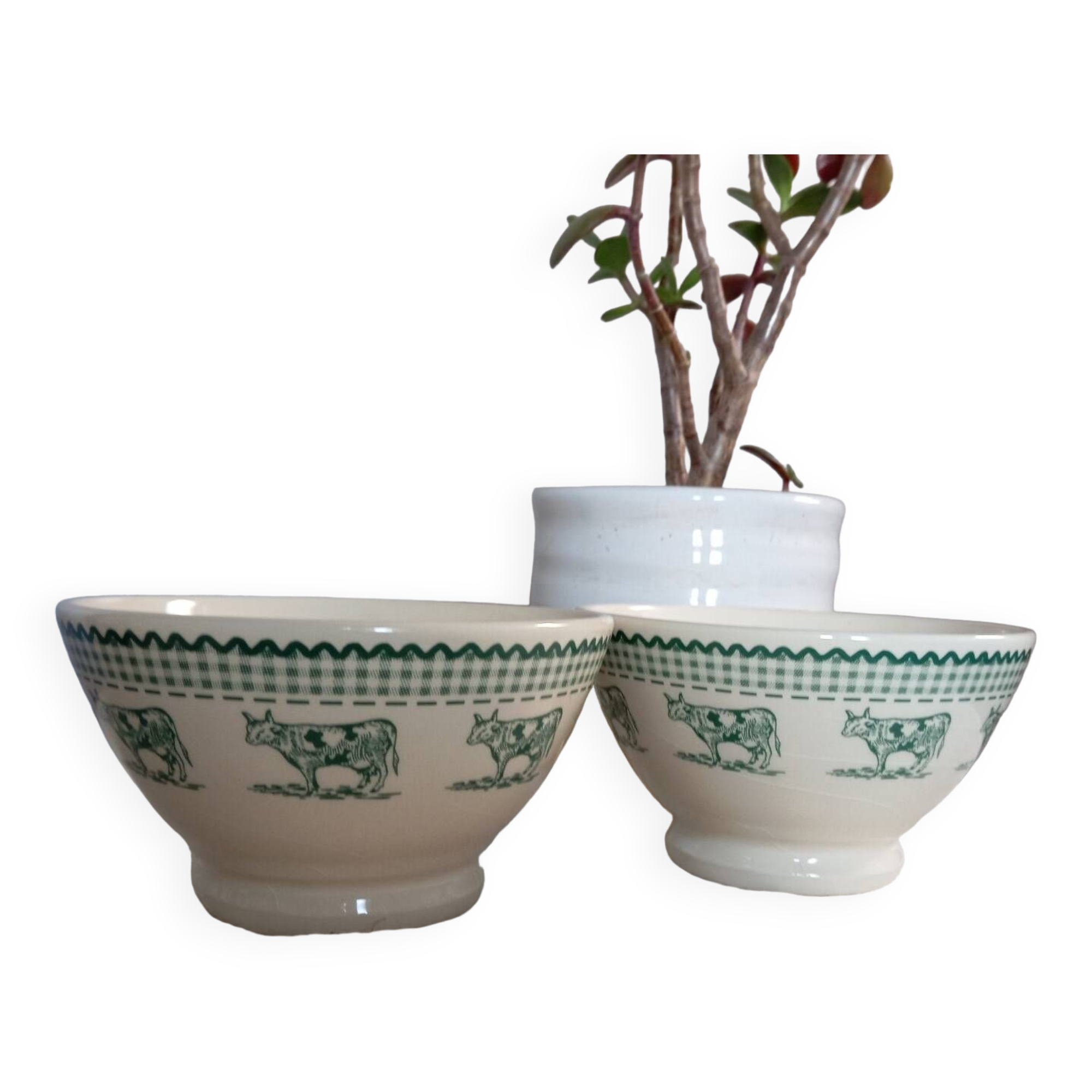 Duo of “daisy” cow decor bowls by Geneviève Lethu, 1996