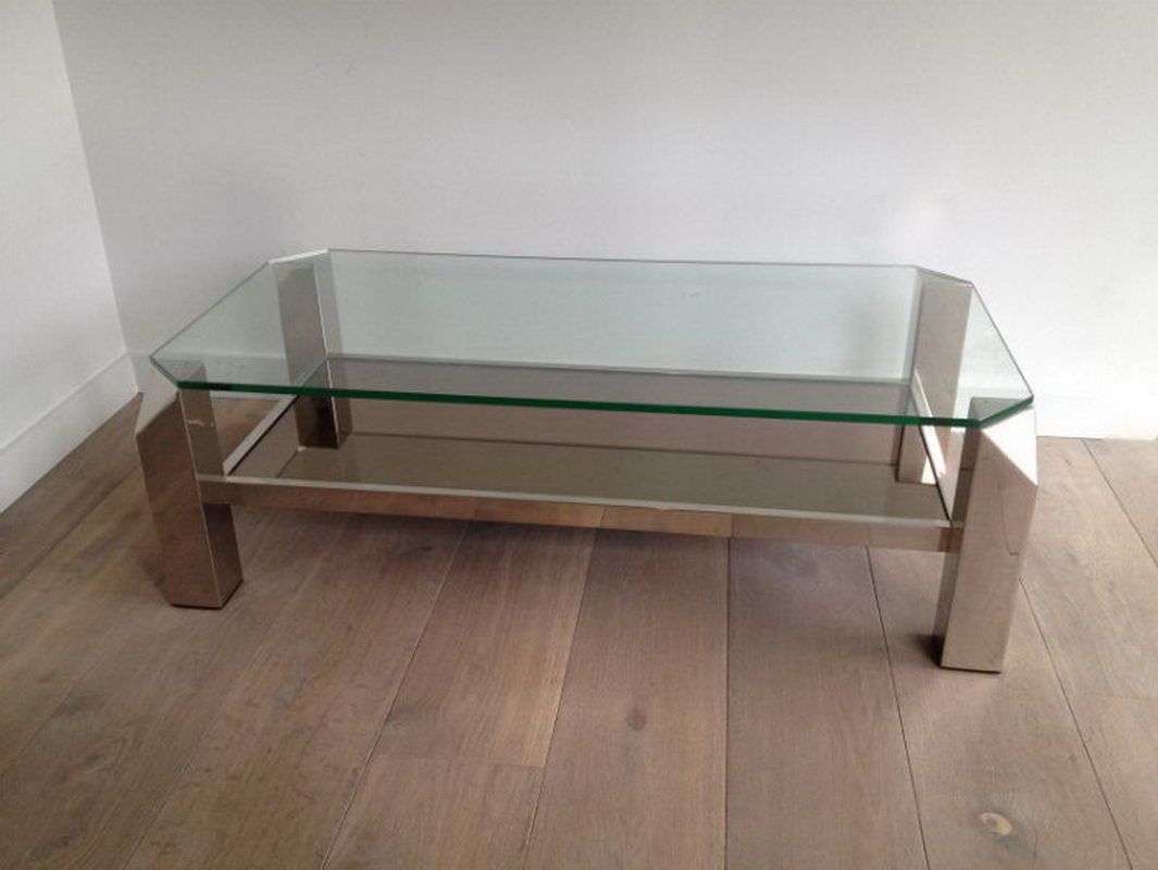 Table basse chromée à plateaux de verre et miroir