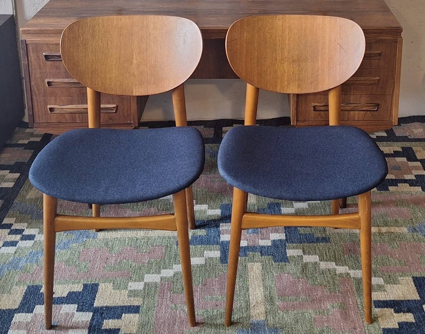 Pair of teak dining chairs with navy blue covers, Denmark 1960s