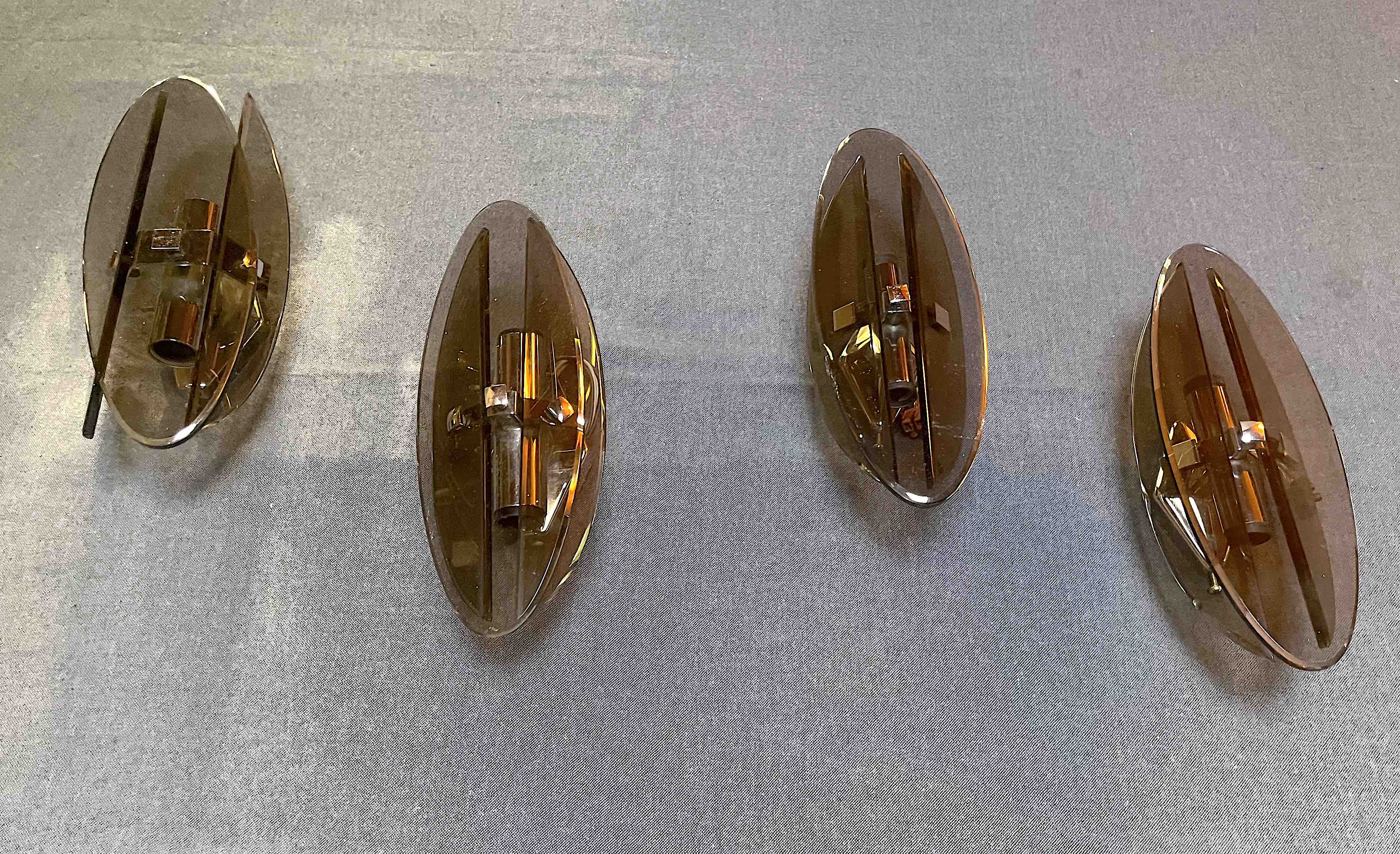 Four Veca wall lights, smoked glass, double light, Italy 1970's
