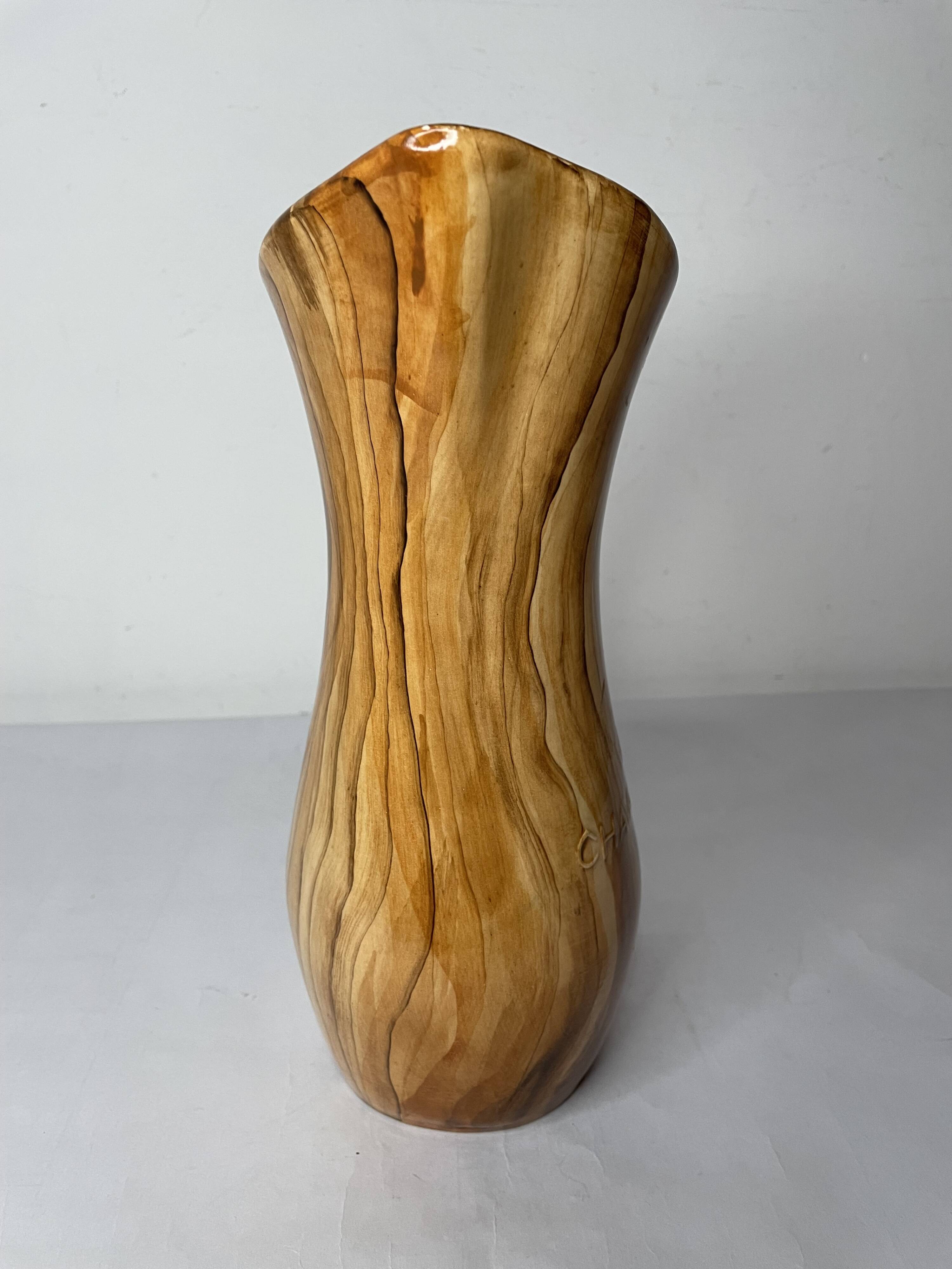 Wood imitation ceramic pitcher signed RDelarue
