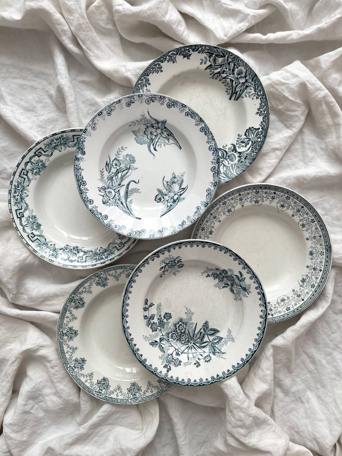 6 mismatched Saint Amand ironstone soup plates
