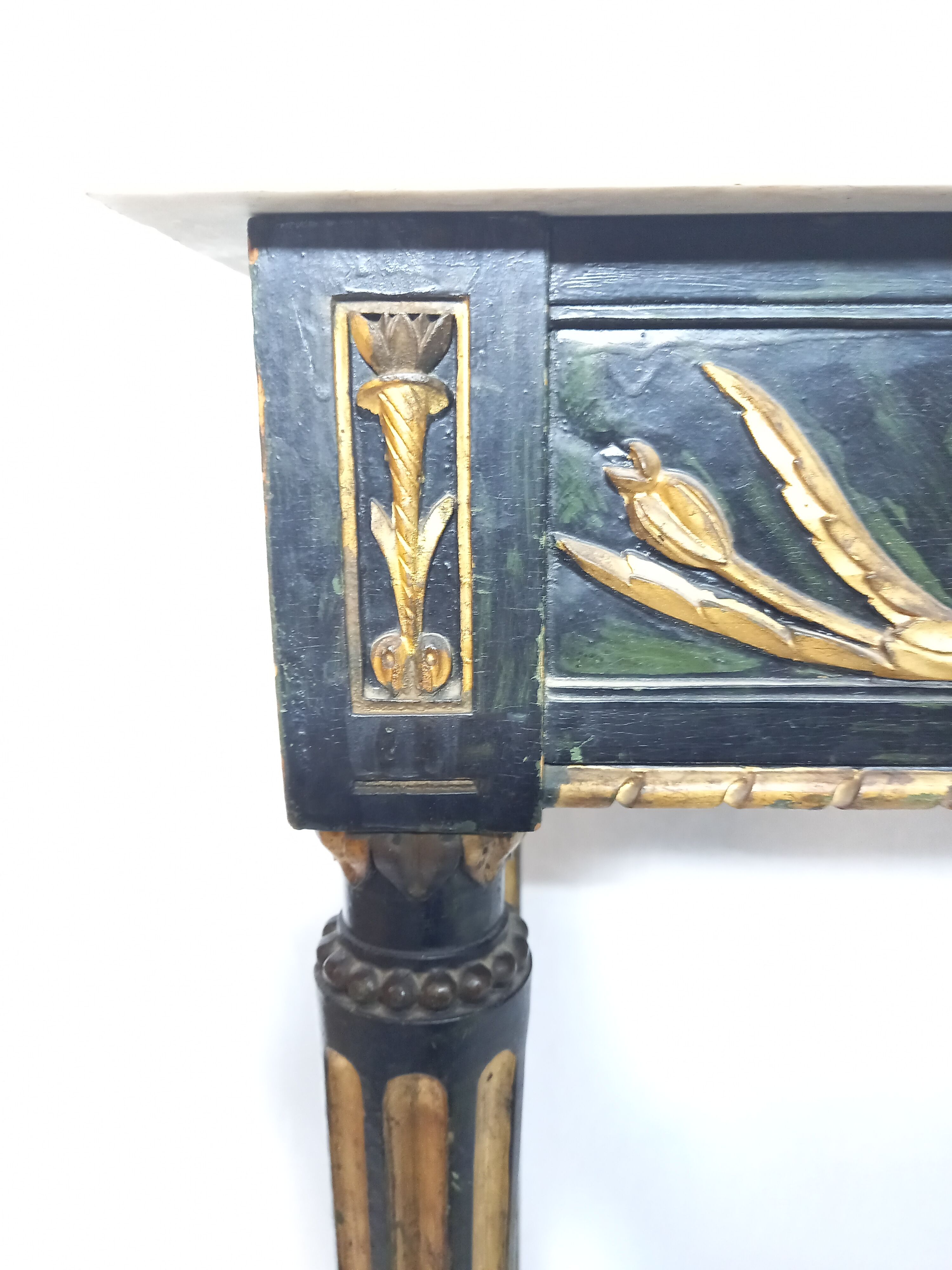 19th century Louis XVI style console table in black and gold with white marble shelf
