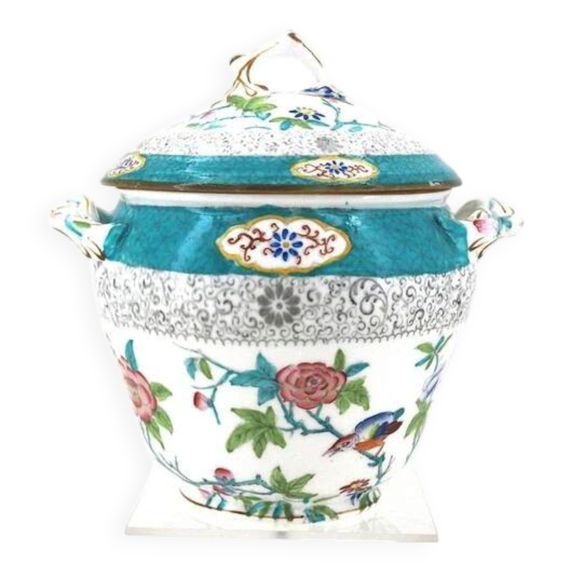 Minton porcelain sugar bowl, decor 3084 Cuckoo, blue cuckoo, excellent condition.