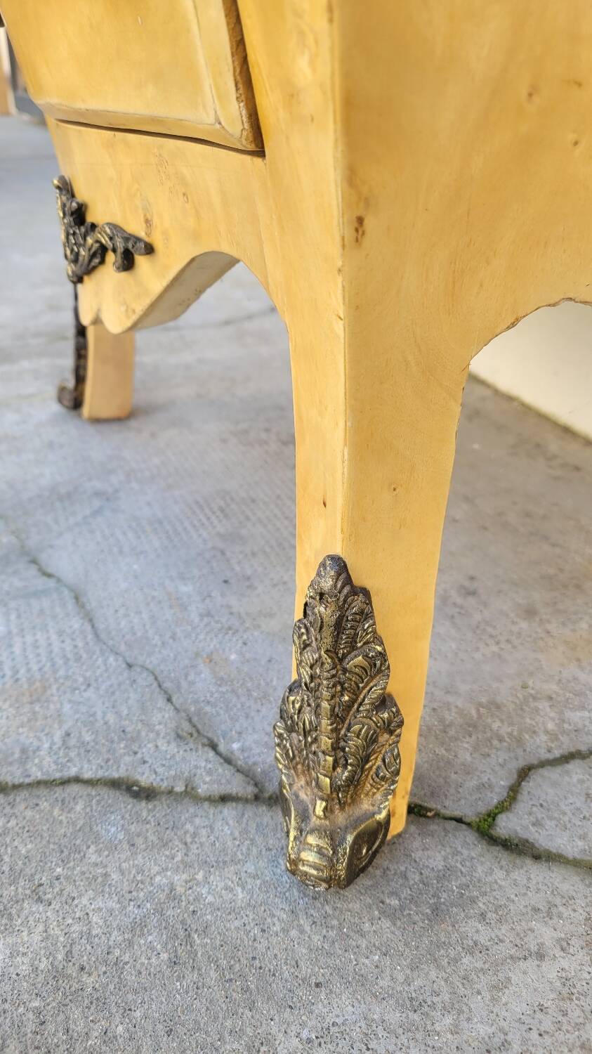 Curved Louis XV style chest of drawers in elm burl and bronze marquetry