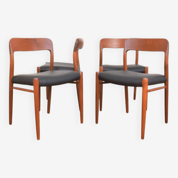Mid-Century Danish Teak & Leather Dining Chairs model 75 by N. O. Møller for J.L. Møller, 1960s, Set