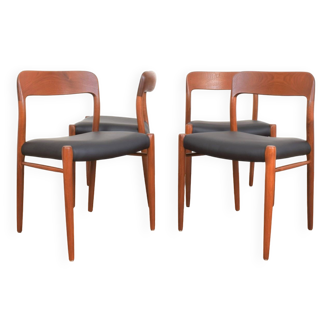 Mid-Century Danish Teak & Leather Dining Chairs model 75 by N. O. Møller for J.L. Møller, 1960s, Set