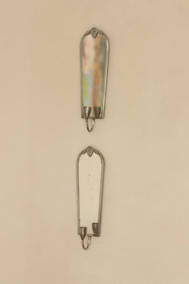 Pair of Mid Century Swedish Pewter Sconces with Mirror