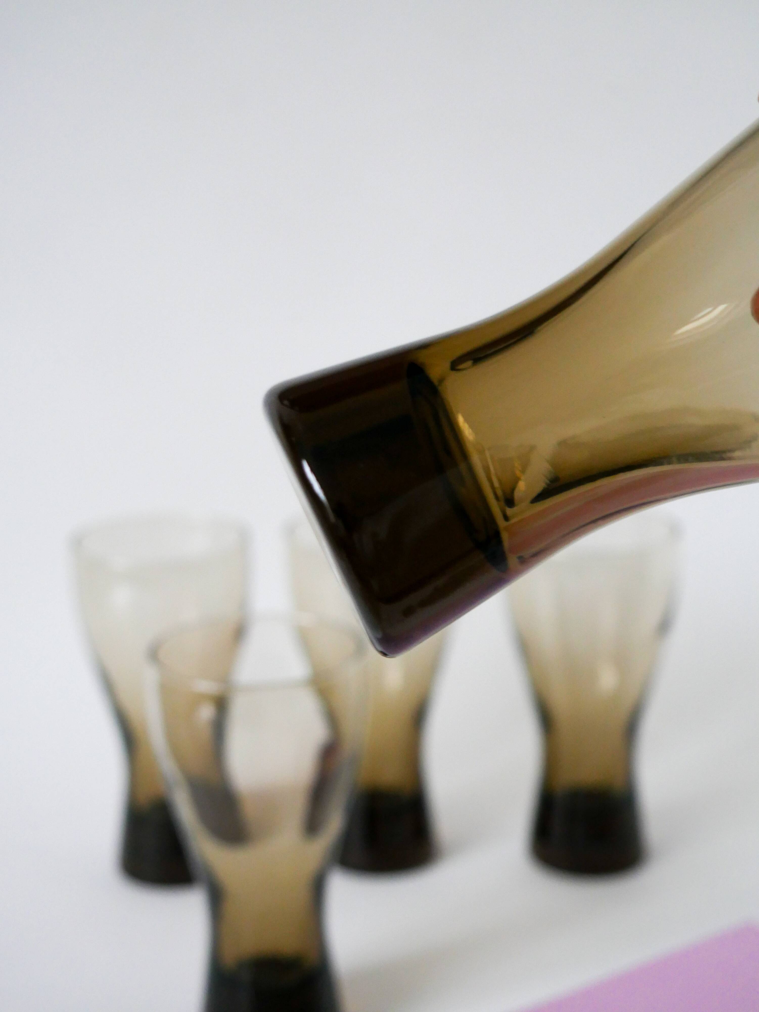 Set of 5 large Long Drink glasses in smoked glass Design, 1970