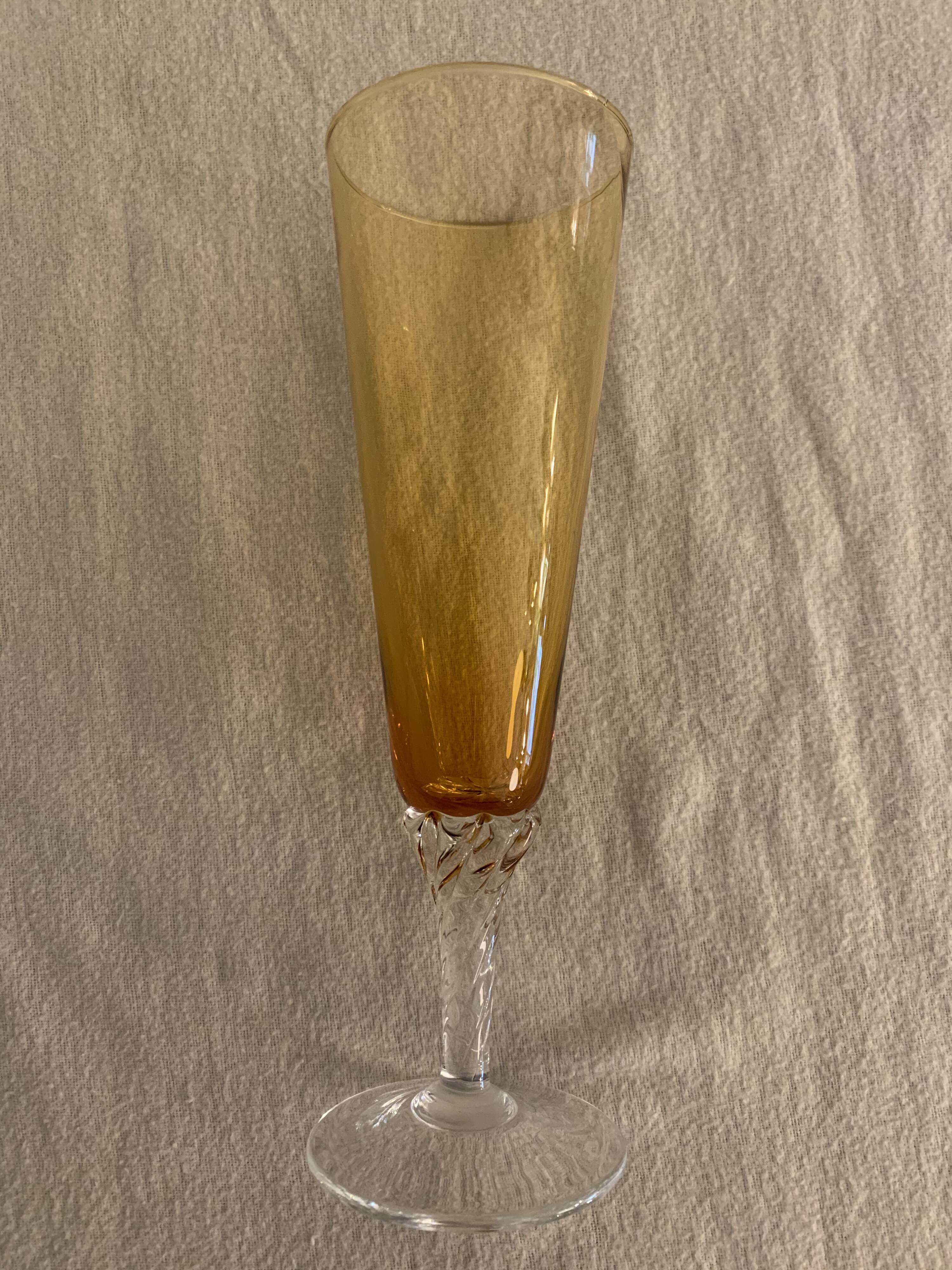 5 colorful champagne flutes in Murano 1970 glass