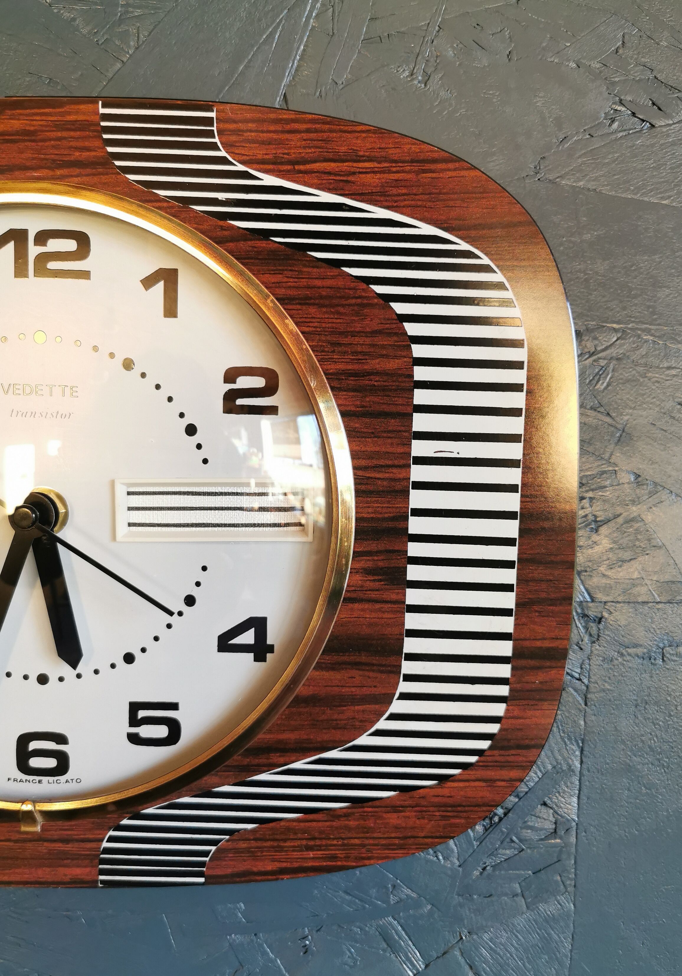 Vintage formica clock silent wall clock "Featured wood stripes"