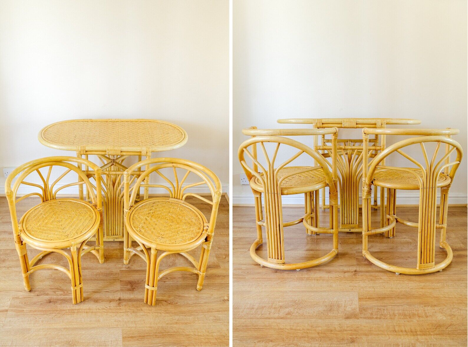 Bamboo Bistro Set / Table and Chairs Dining Set / Outdoor Cane Wicker, Mid Century Patio Furniture