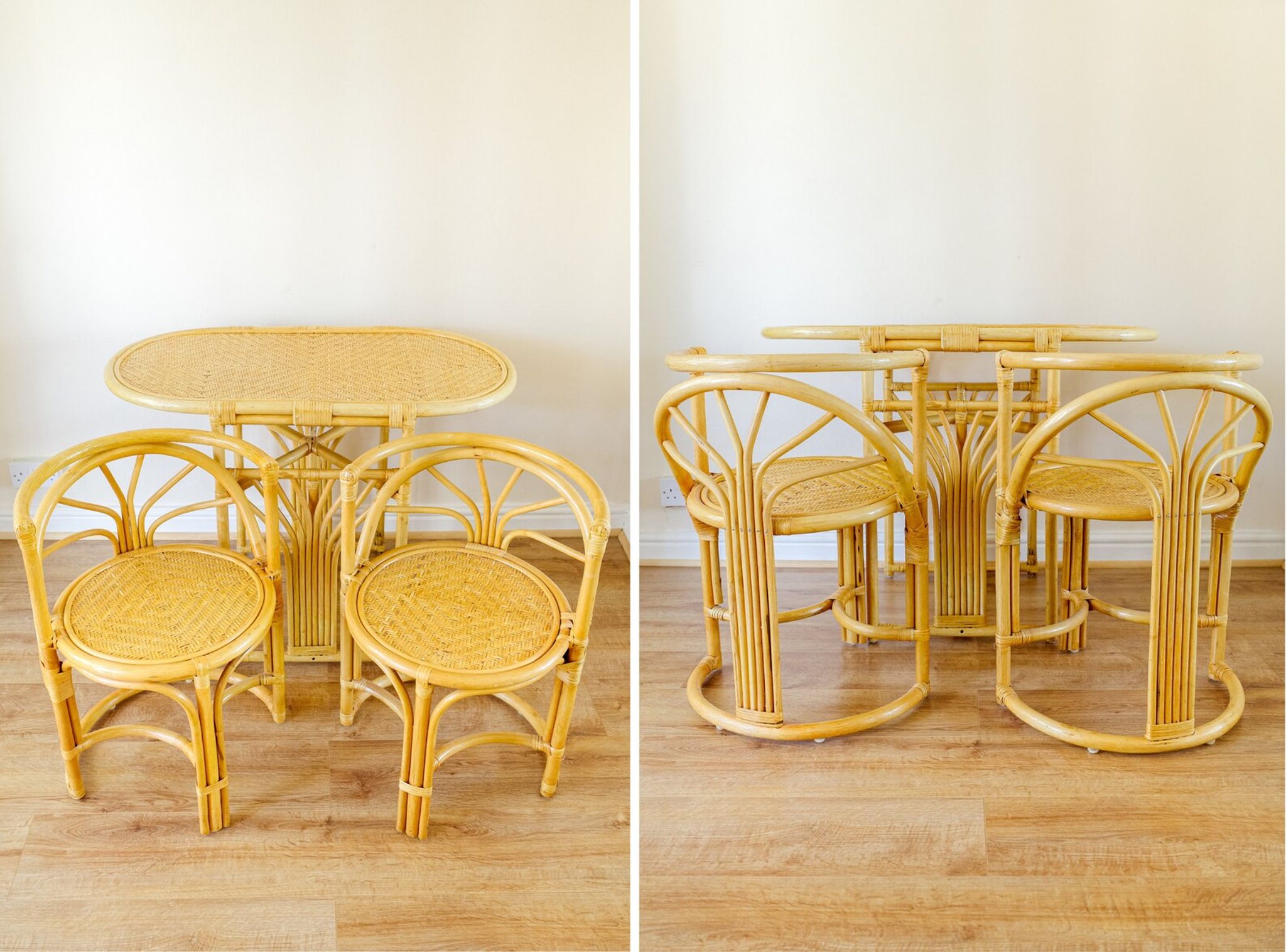 Bamboo Bistro Set / Table and Chairs Dining Set / Outdoor Cane Wicker, Mid Century Patio Furniture