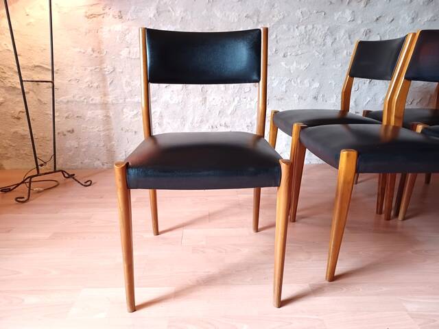 6 chaises scandinave teck et skaï vintage 1960