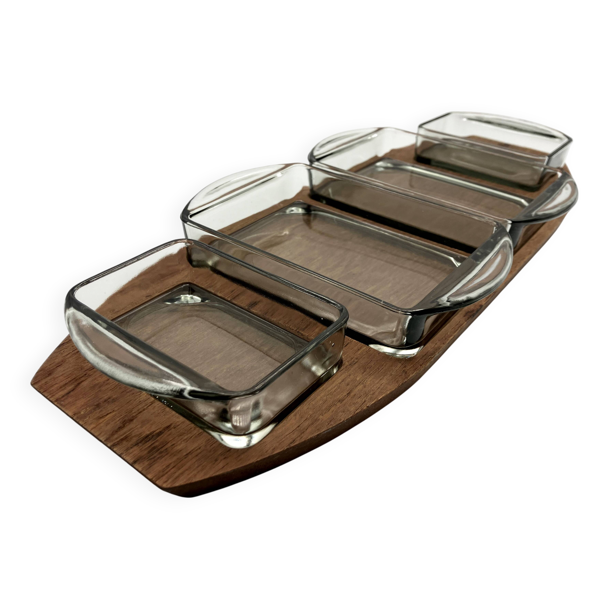 Teak tray and its 4 stackable glass dishes • Denmark • 1960