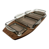 Teak tray and its 4 stackable glass dishes • Denmark • 1960