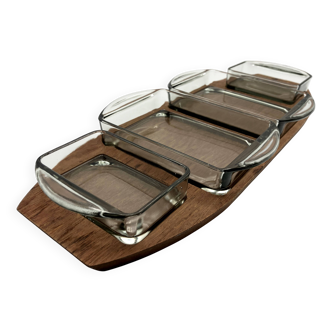 Plateau en teck et ses 4 raviers en verre empilables • Danemark • 1960