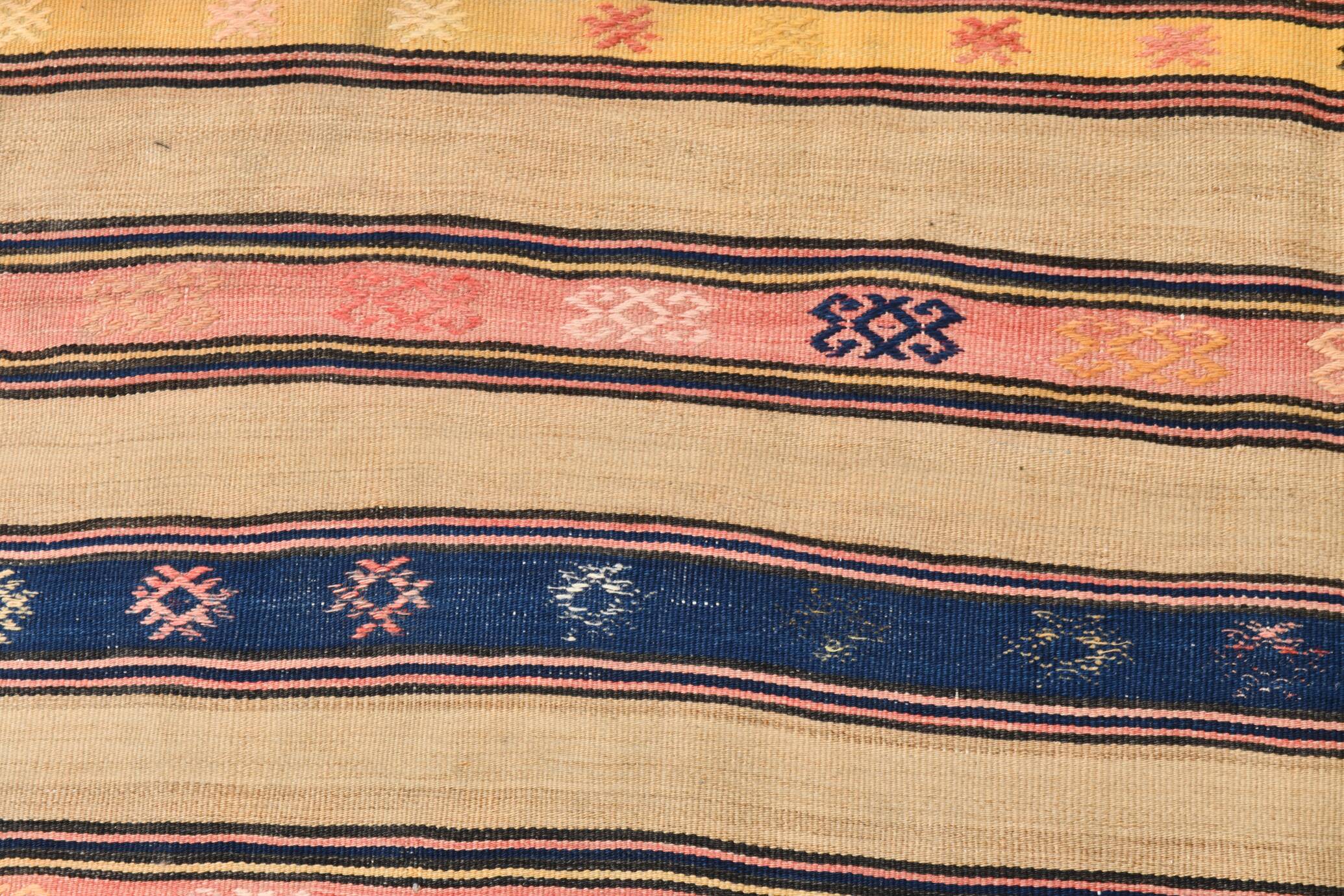 5x8 Cream & Navy Blue Striped Pattern Kilim Rug, 152x234Cm