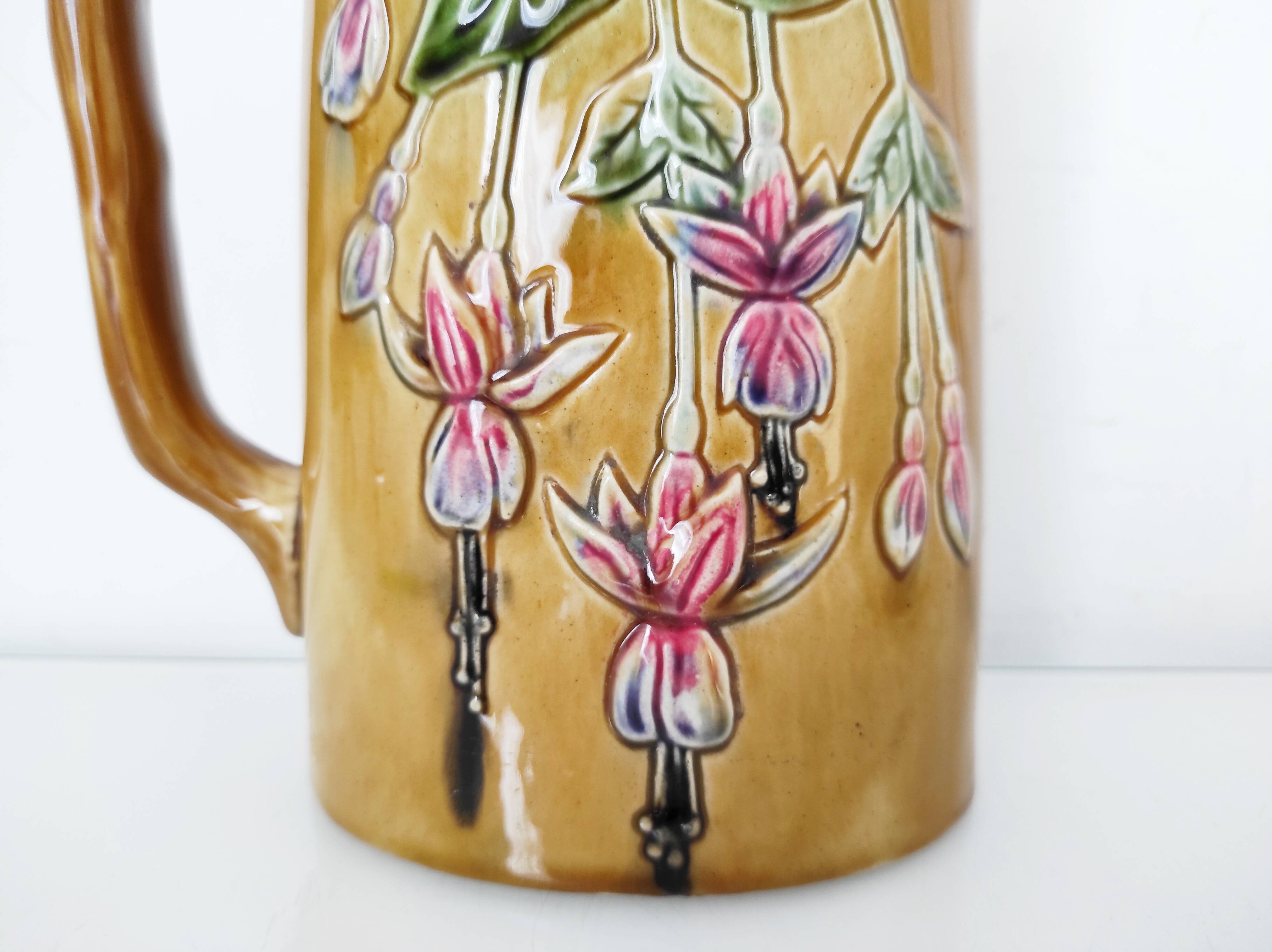 1900 earthenware pitcher with pink flowers