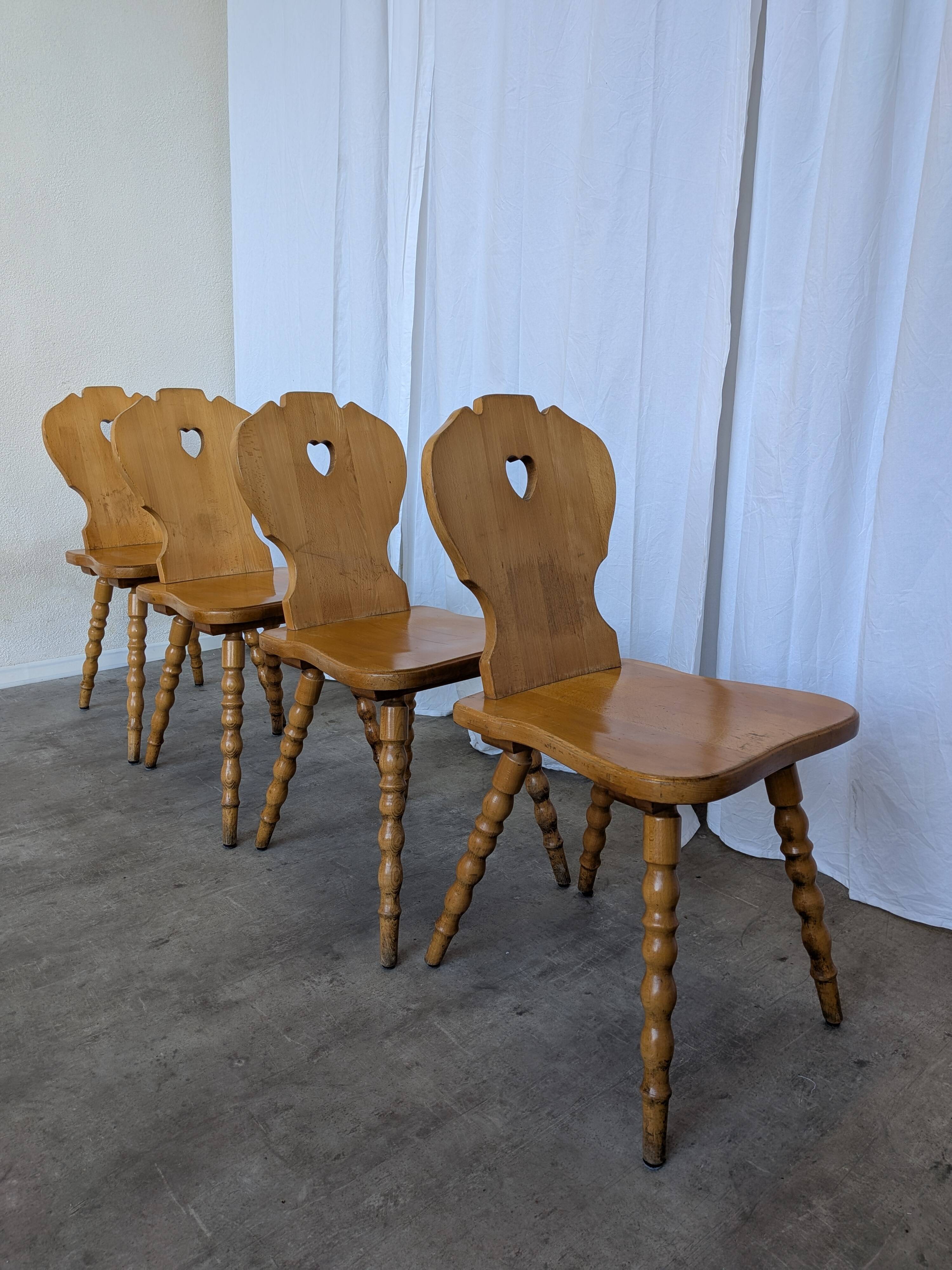 Set of 4 Vintage Tyrolean Heart Cutout Wooden Dining Chairs