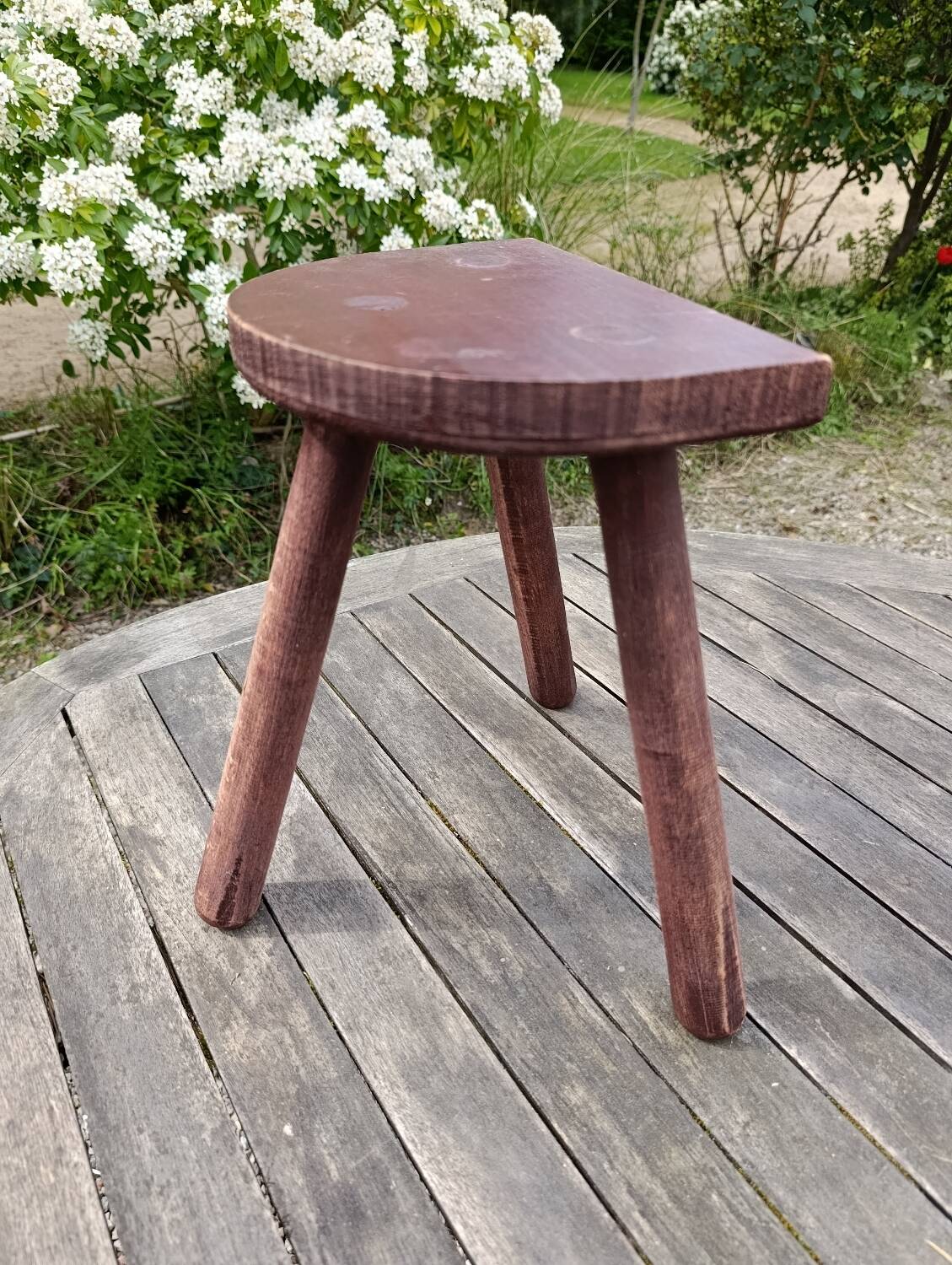 old wooden shepherd's stool tripod half-moon