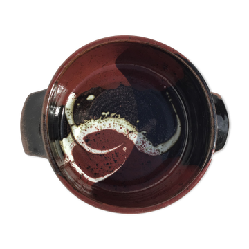 Plat grès artisanal signé guibert rouge brun décoré