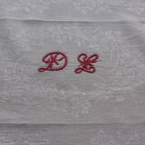 Antique tablecloth and 6 damask towels decoration foliage + dragonfly embroidered DL