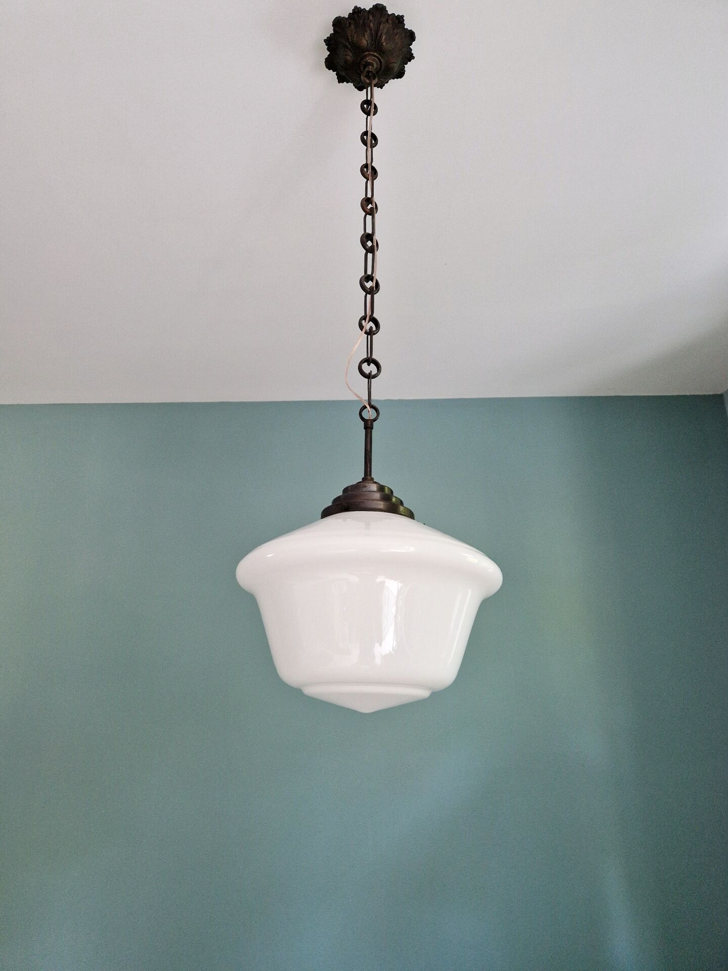 Large Art Deco pendant light in white opaline, 1930.