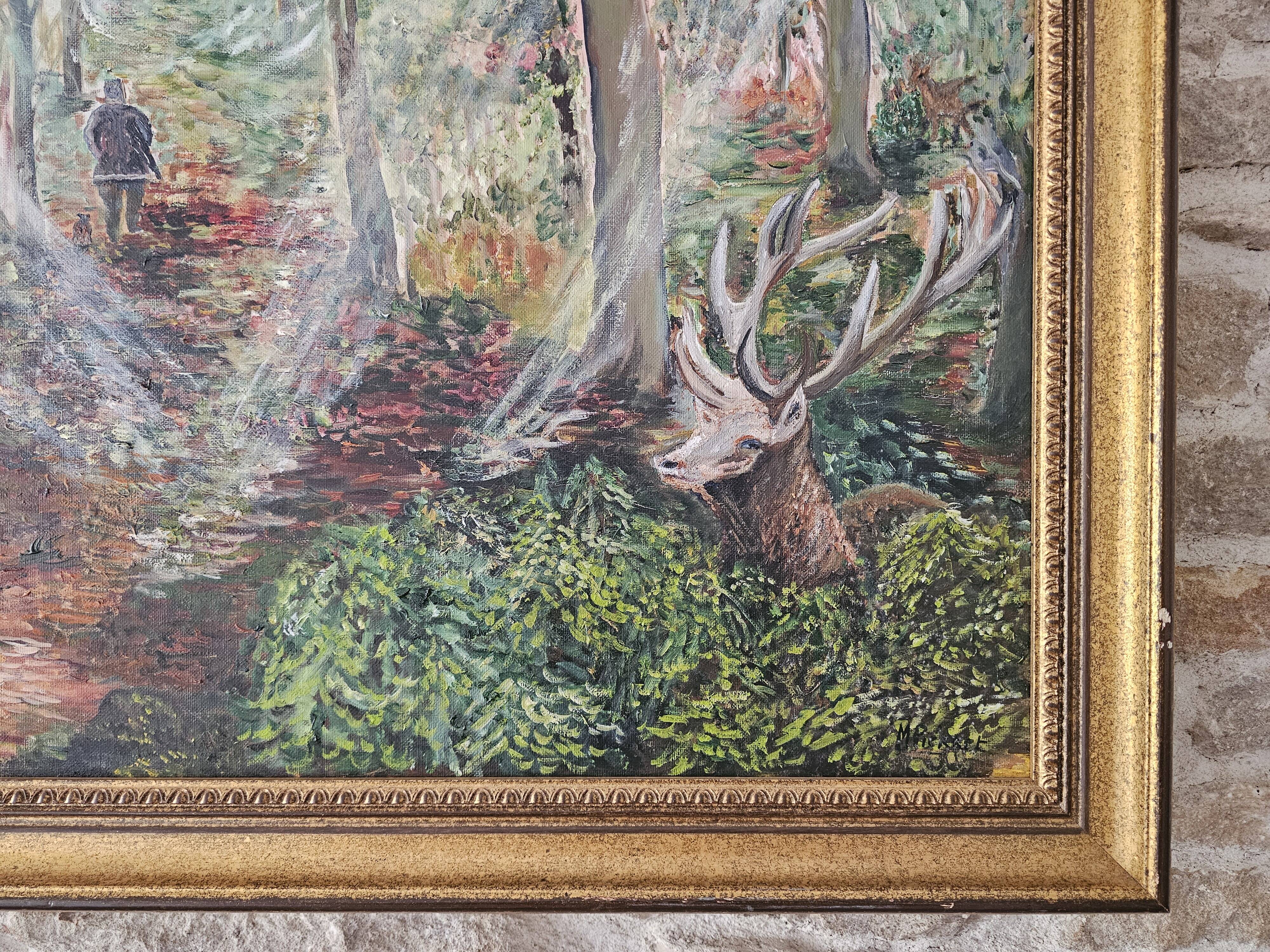 Oil on Canvas Painting Landscape Forest Hunting Scene signed M Pierret