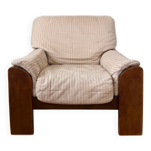 Brutalist wood and fabric armchair from the 1970s