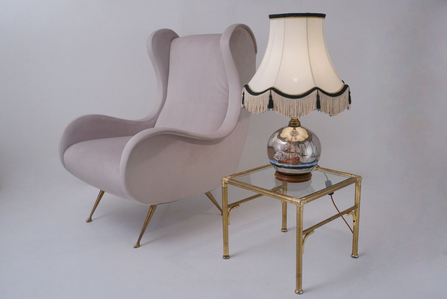 Lampe de table antique en verre mercure, galion et navire, soufflé à la main, années 1920, anglais, recâblé