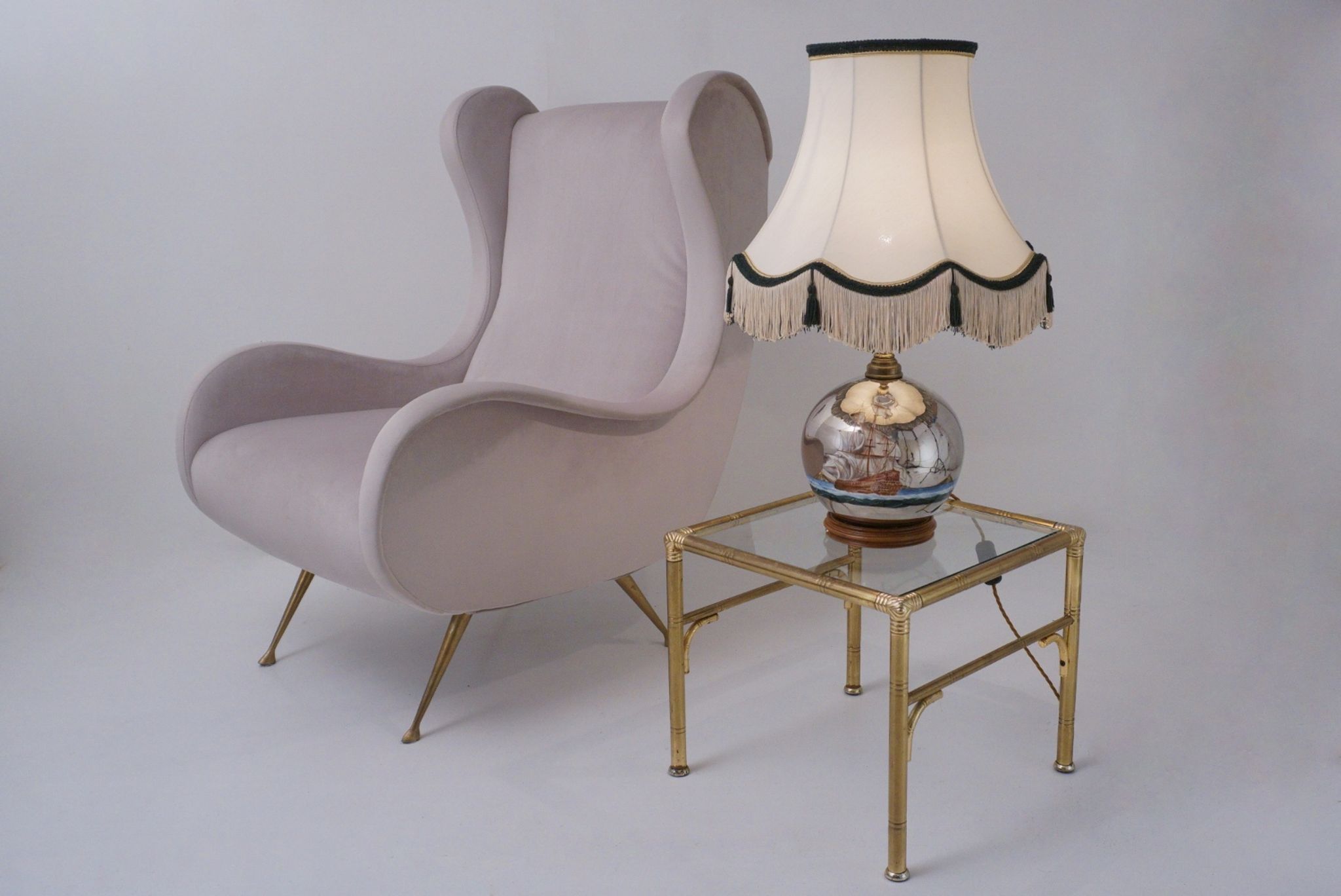 Lampe de table antique en verre mercure, galion et navire, soufflé à la main, années 1920, anglais, recâblé