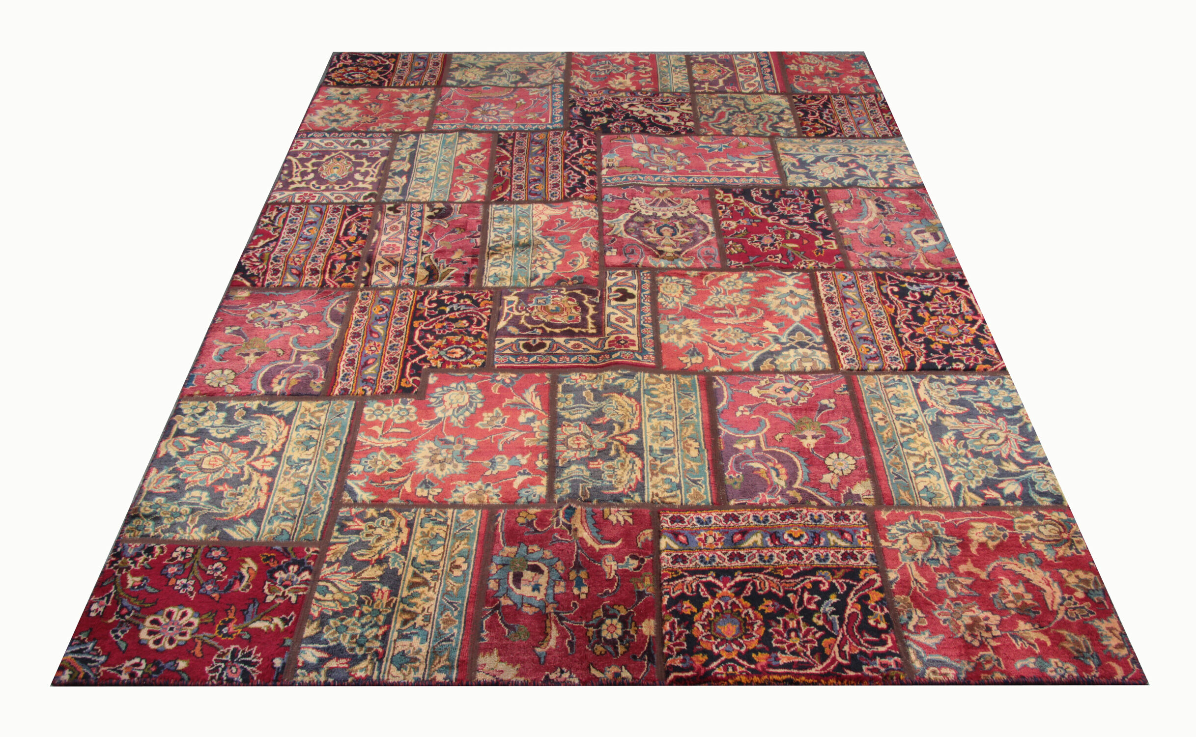 Red vintage patchwork area rug handmade wool living room carpet- 179x248cm