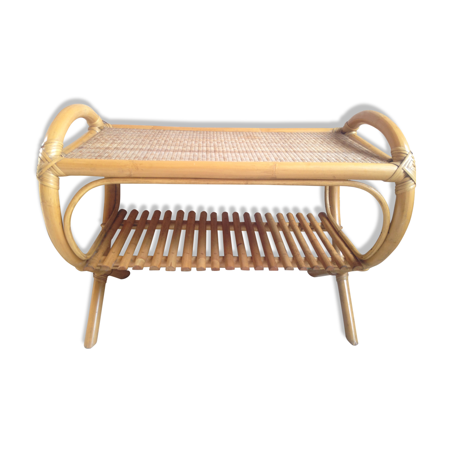 Side table in rattan and wicker curved vintage years 60/70