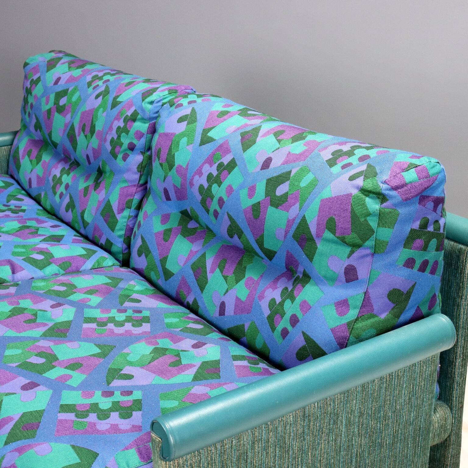 Vintage 2-seater sofa fantasy fabric design cushions 1980s original
