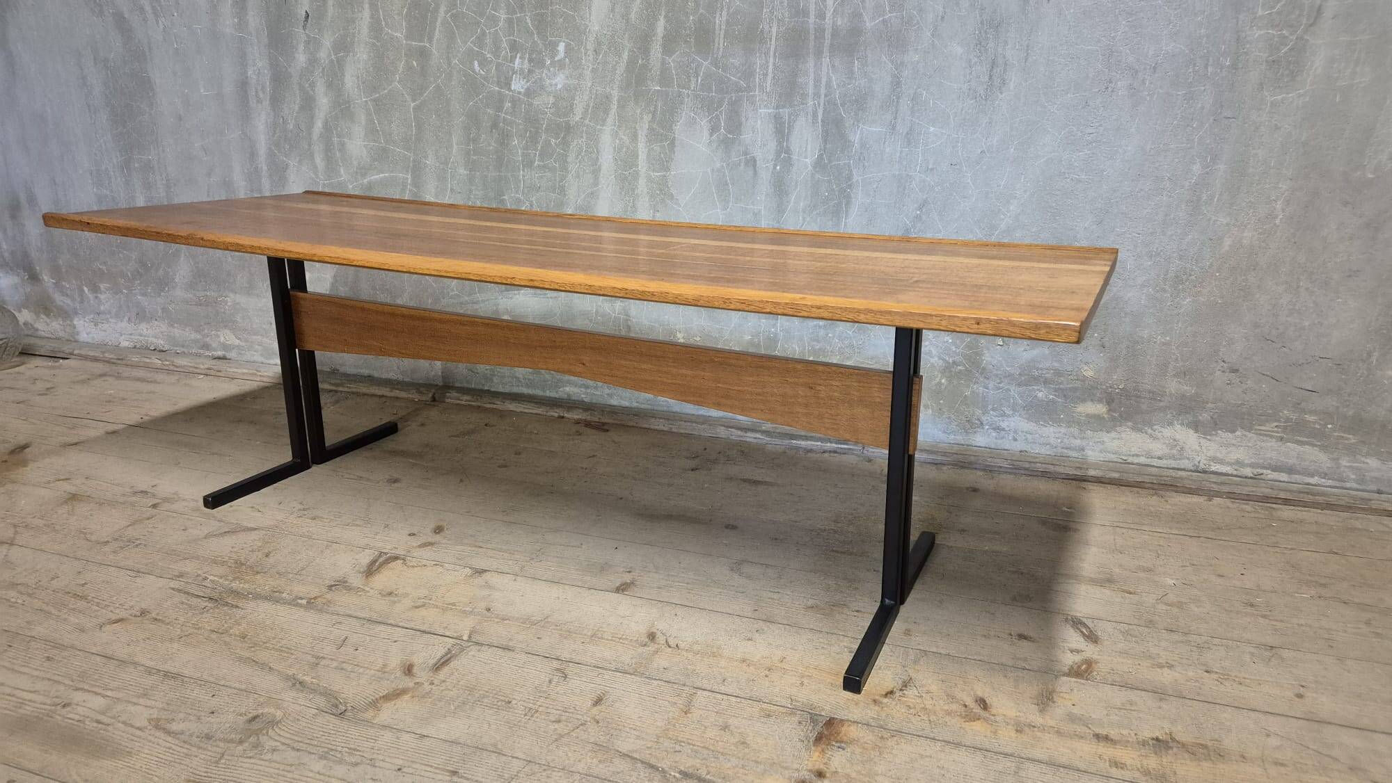 Vintage rectangular coffee table with a wooden top and black metal base, 1960s.