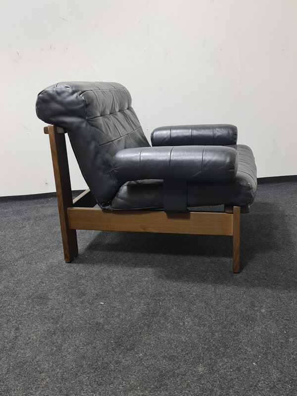 Fauteuil en cuir noir vintage en chêne