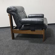 Vintage black leather patchwork and oak lounge chair