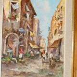Mid-century oil on canvas painting" city street scene  " by moriani --vintage & framed
