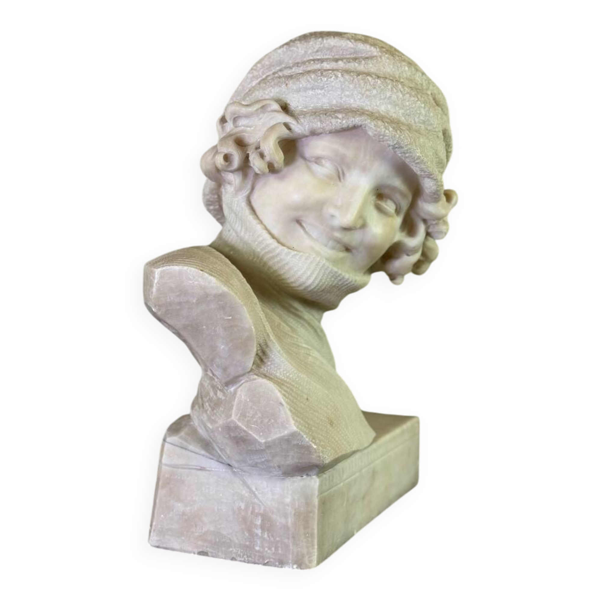 Alabaster bust of a young girl with a turtleneck, signed Caloni, Italy circa 1900